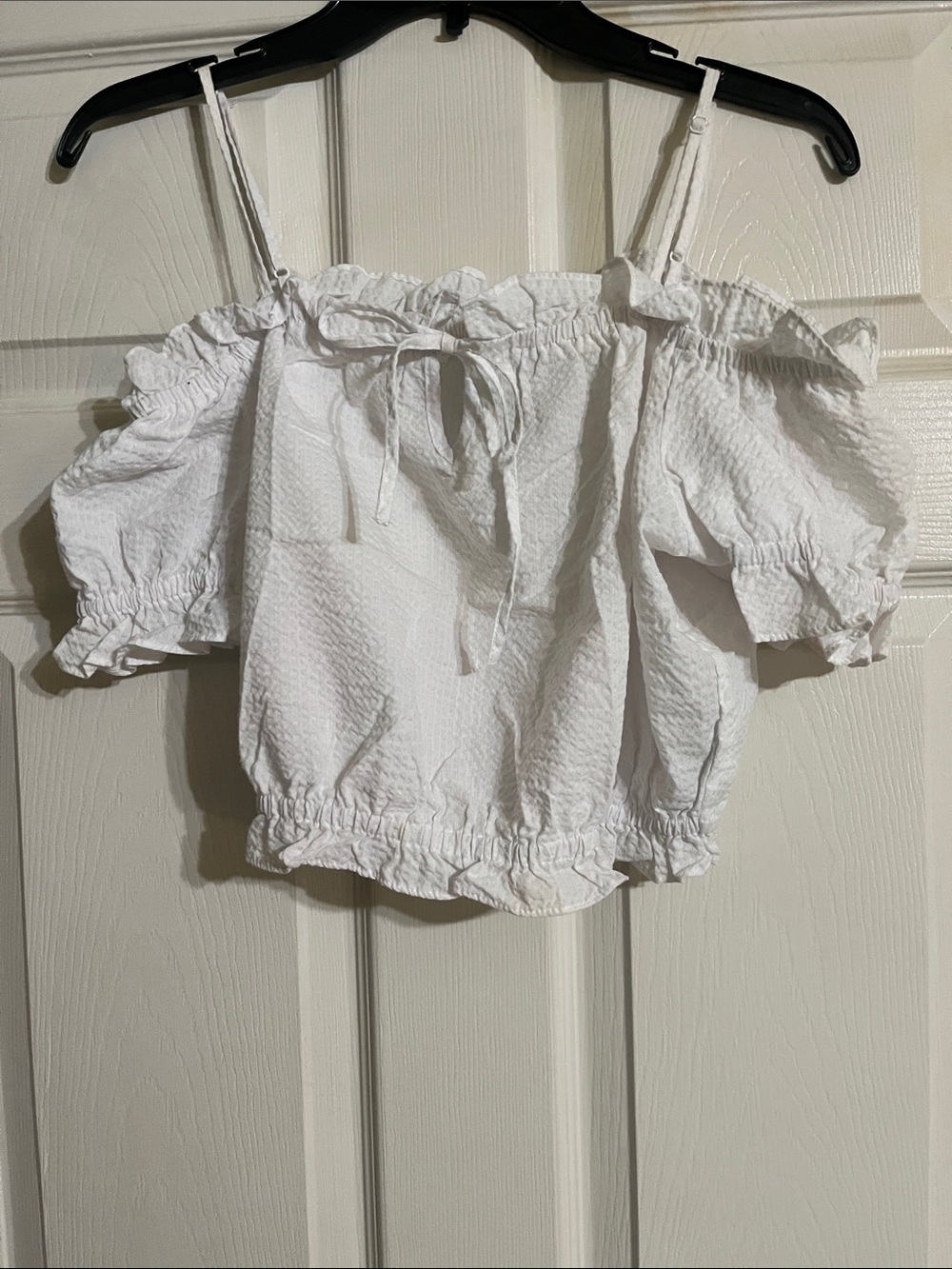 Divided White Off-Shoulder Tie-Front Smocked Crop Top